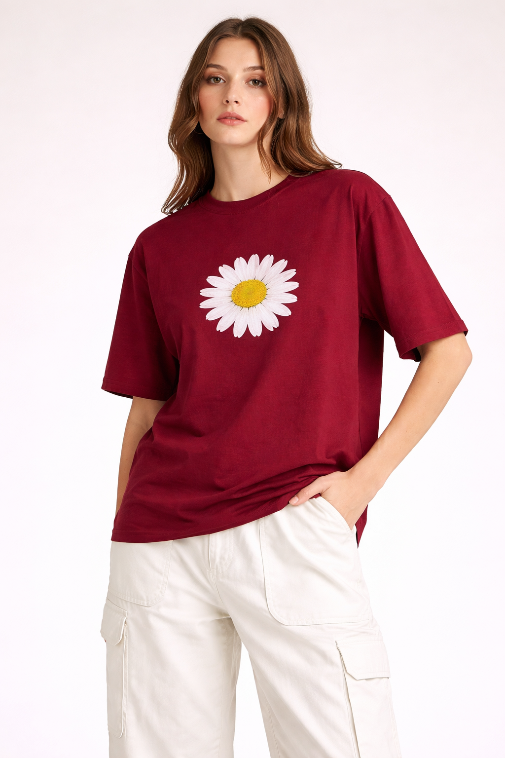 Daisy Flower Maroon T-Shirt for Women – Aesthetic Cotton Tee