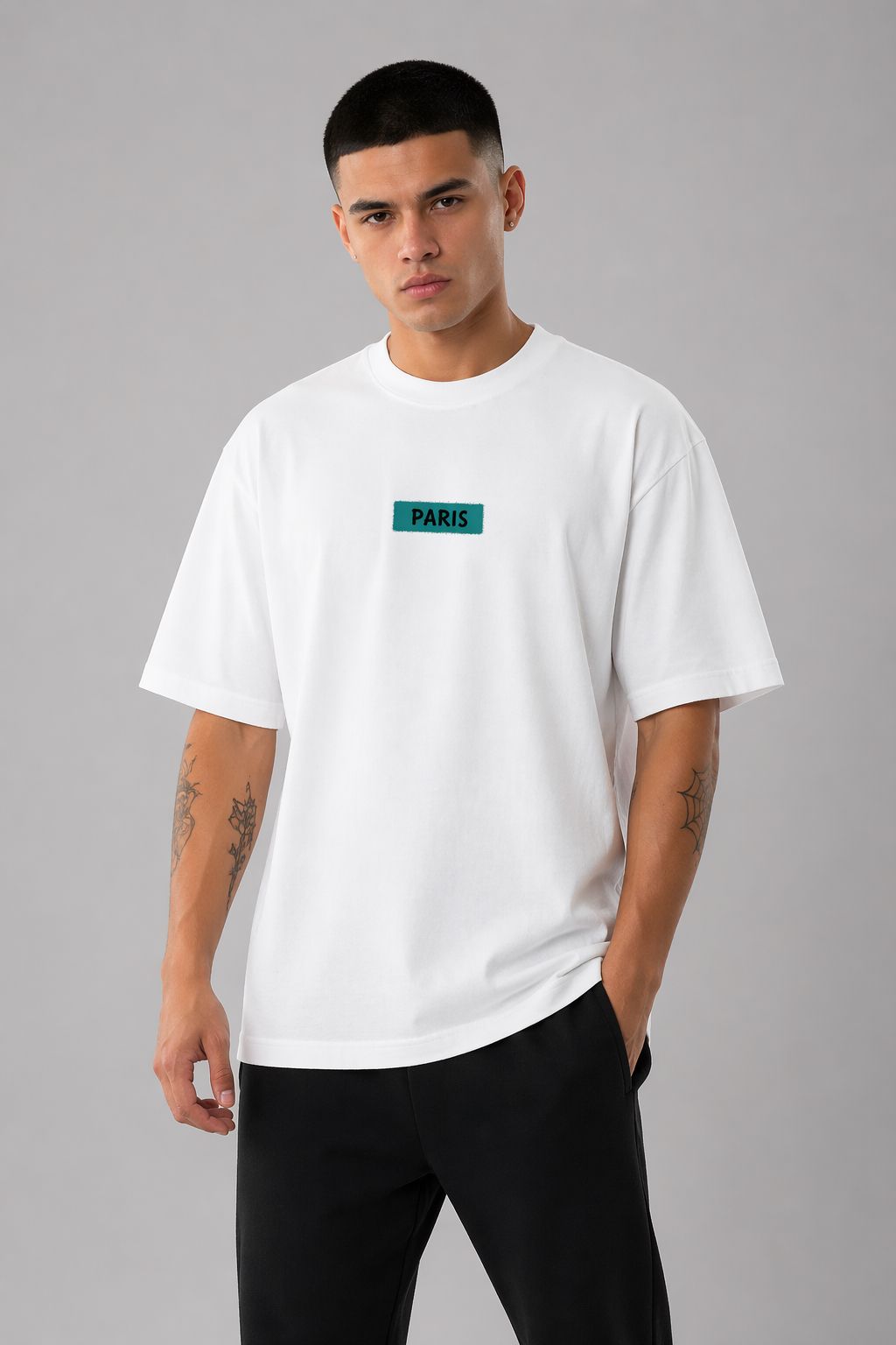 Men’s White Oversized Drop Shoulder T-Shirt – Paris Graphic Back Print | EZCOUTURE Streetwear Tee