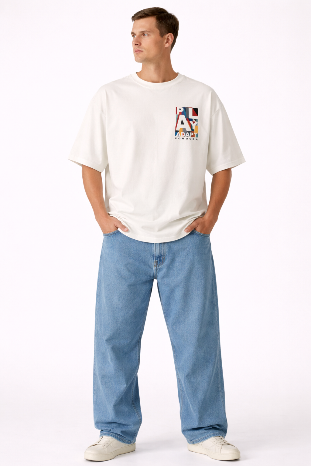 Men’s Oversized Beige Graphic T-Shirt – Play Adapt Conquer Print