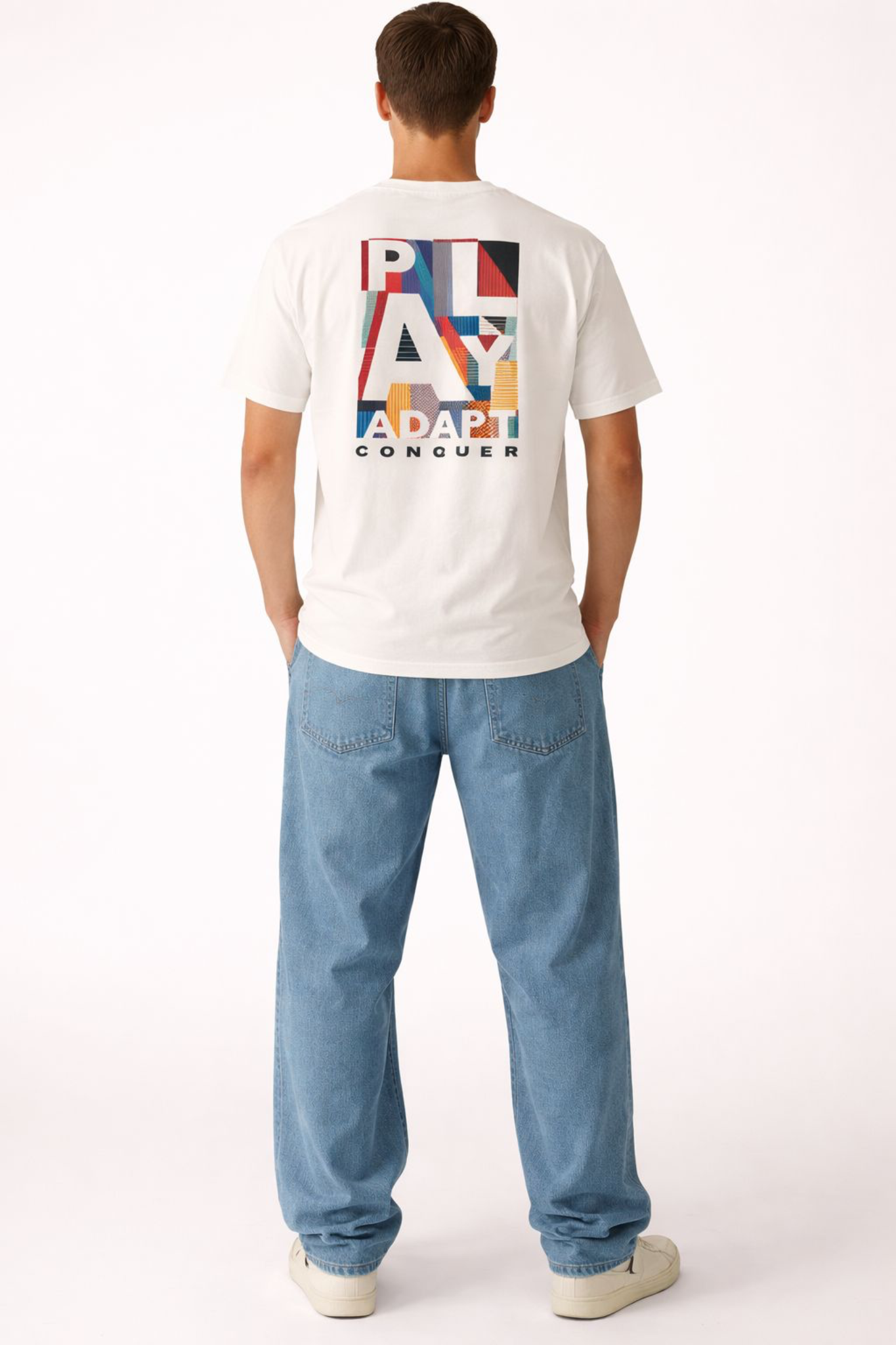 Men’s Oversized Beige Graphic T-Shirt – Play Adapt Conquer Print