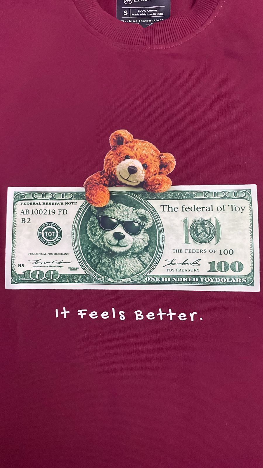 EZCOUTURE T-Shirt Toy Dollar Teddy | Wine | 240 GSM