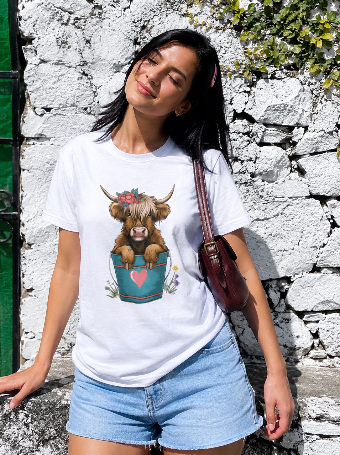 Adorable White Highland Cow in a Bucket T-Shirt