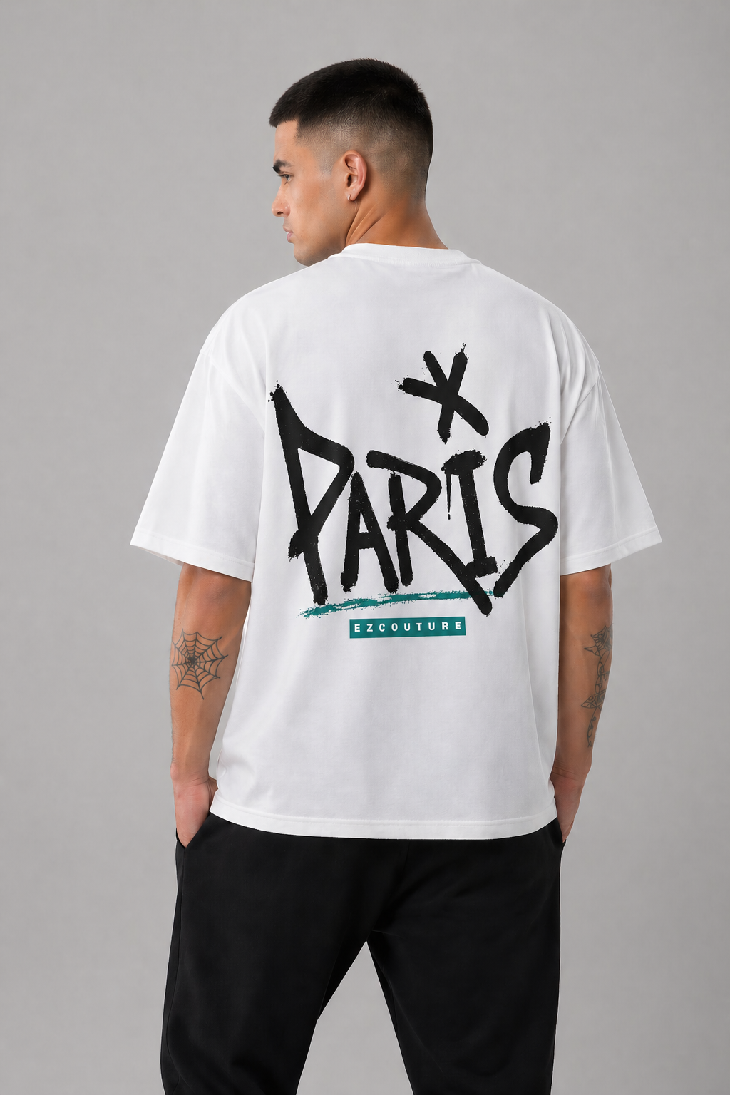 Men’s White Oversized Drop Shoulder T-Shirt – Paris Graphic Back Print | EZCOUTURE Streetwear Tee