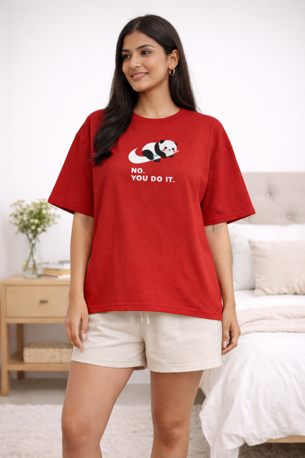 "No, You Do It" - Red Oversized Lazy Panda T-Shirt