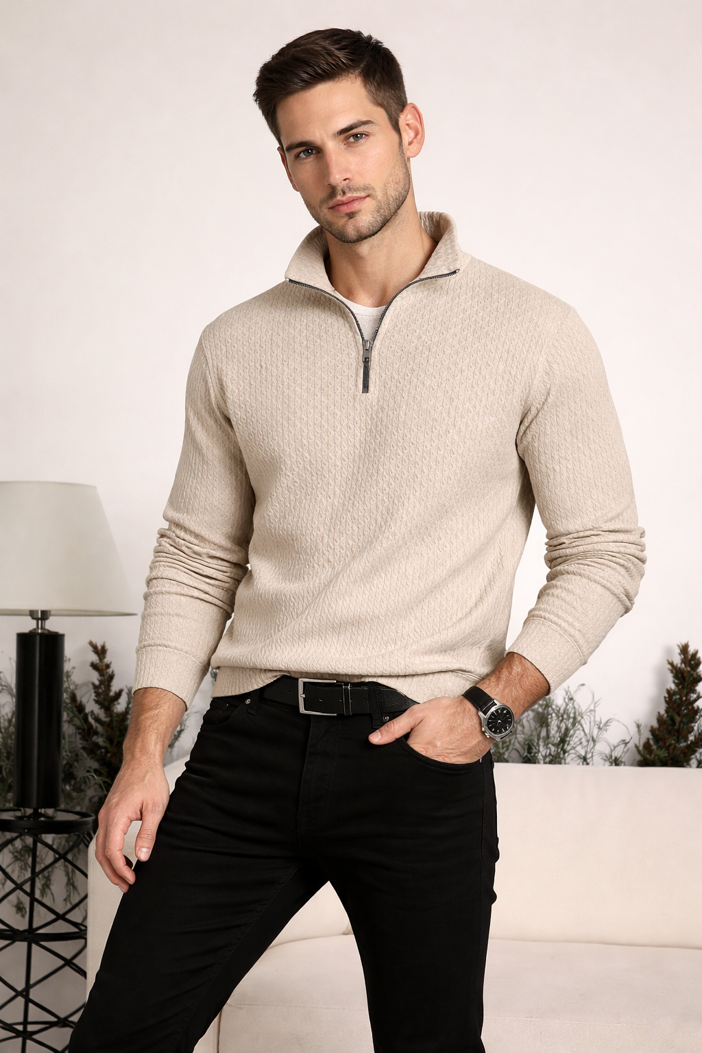 Beige Zipper Sweater